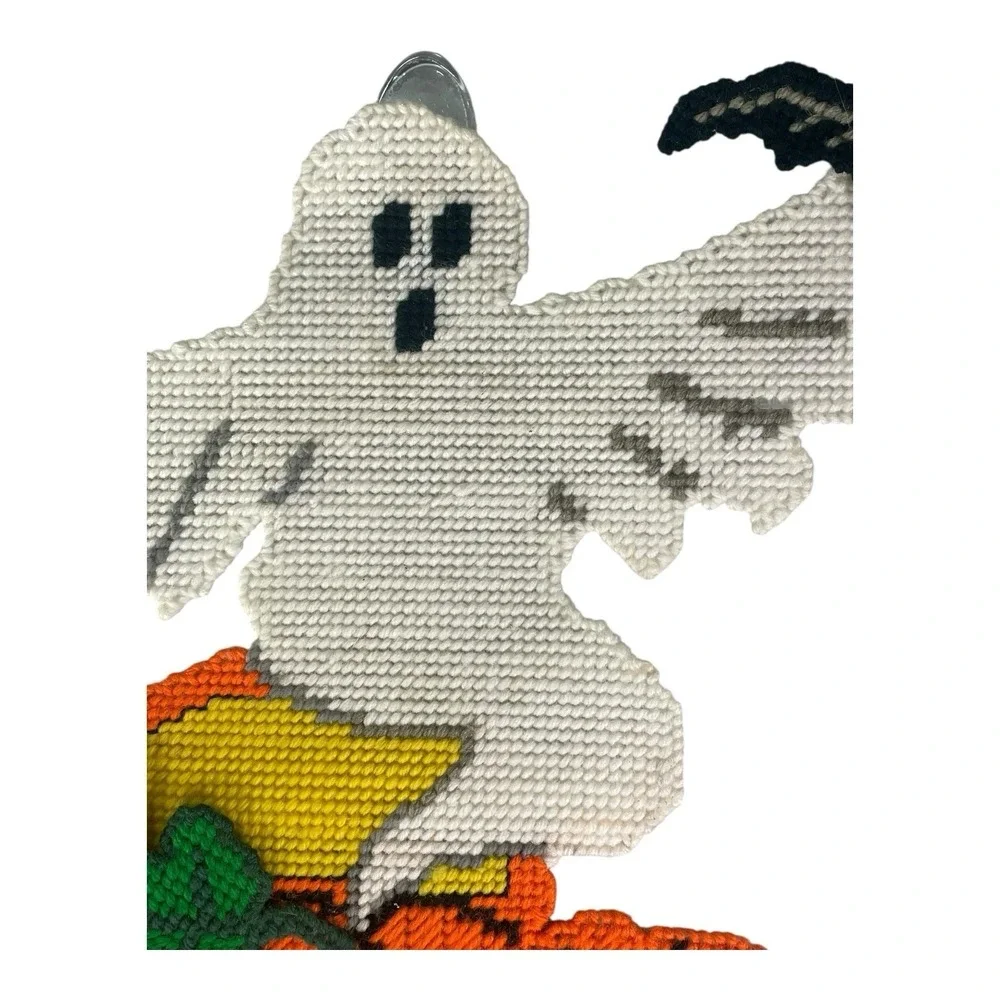 VTG 80's Halloween Handmade Cross Stitch Pumpkin Ghost Decor Large 18